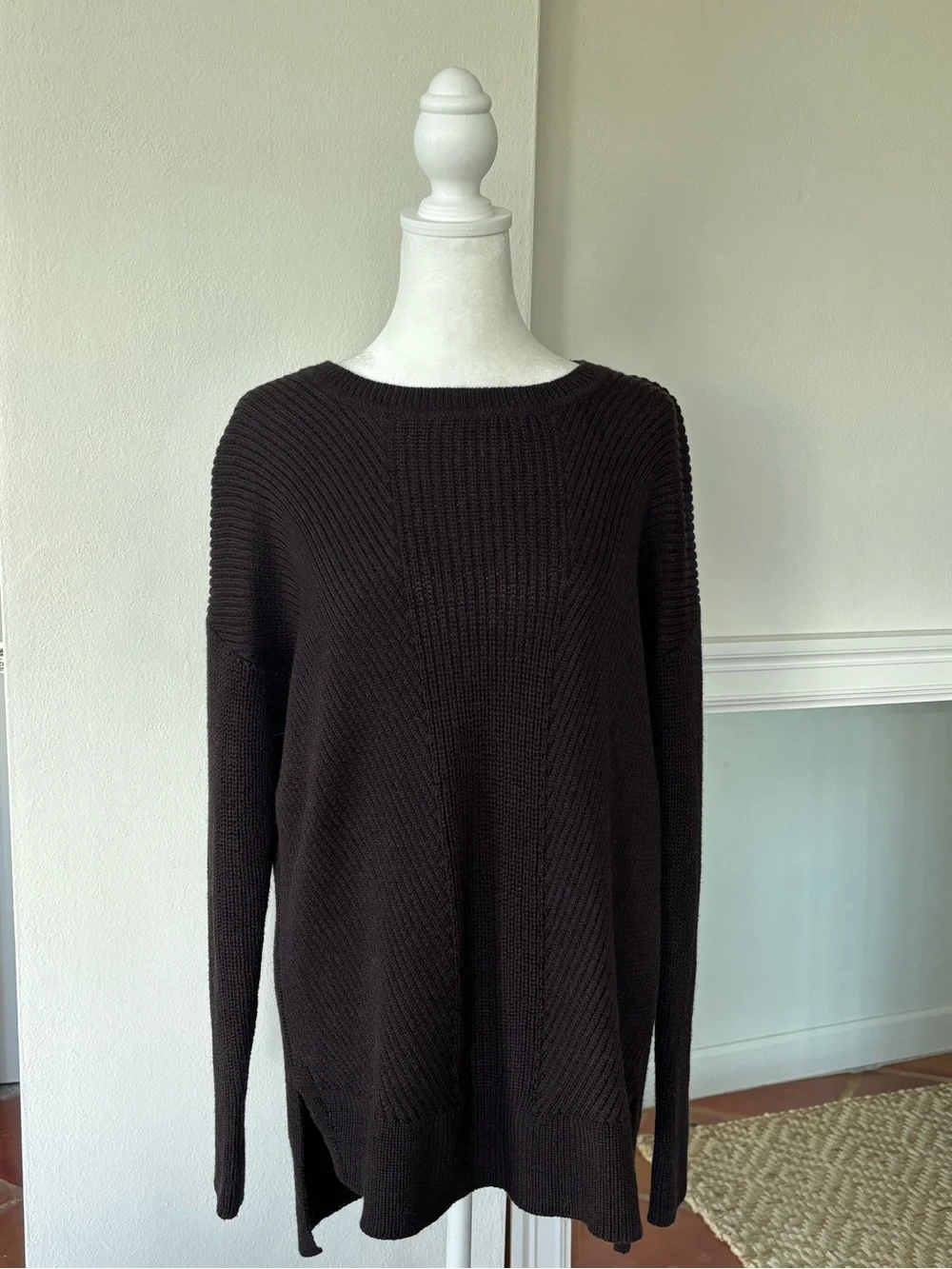 ATHLETA Merino Wool Blend Ribbed Sweater M Dark Chocolate High Low Tunic Cottage - Picture 12 of 14